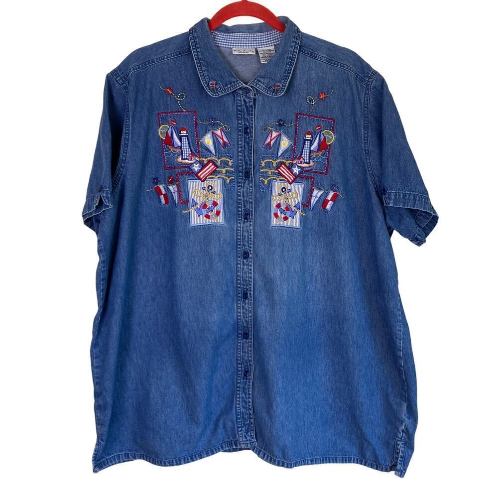 Bobbie Brooks Plus Size Vtg 90s Denim Button Shirt Embroidered Nautical Beachy